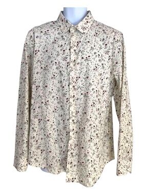 NoCode Floral Long Sleeve pure Linen &cotton in Large ecru white Button-Up Shirt